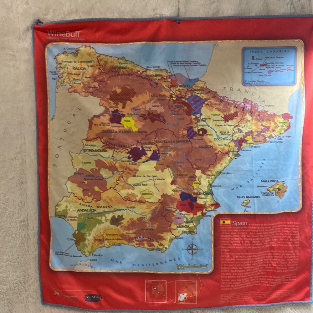 Wine Buff microfiber cloth featuring map of Spain.